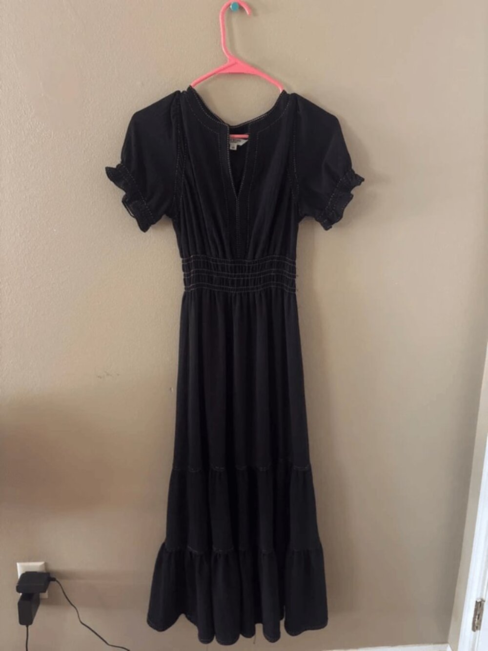 Max Studio Black Tiered Maxi Dress Smocked Waist Flutter Sleeve